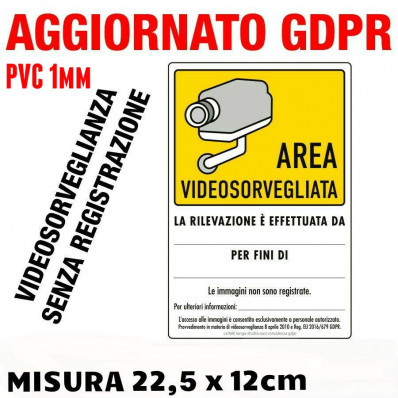 N°2 Cartelli in PVC plastificato "AREA VIDEOSORVEGLIATA" - 15 x 22,5 cm - Aggiornato GDPR UE 2016/679